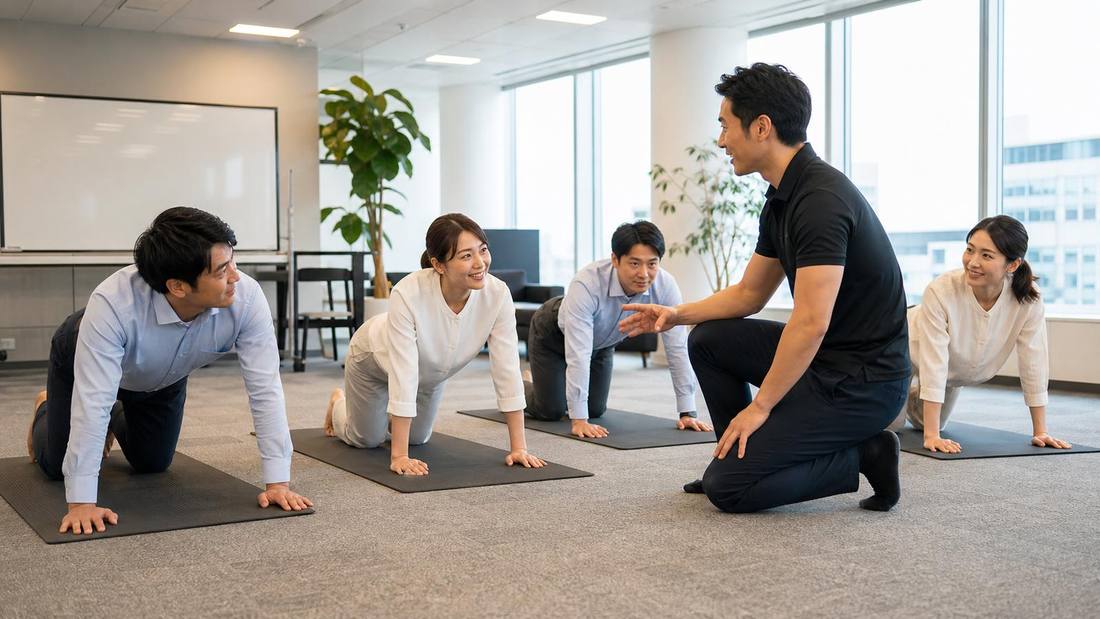 朝礼でストレッチを行うチームのイメージ